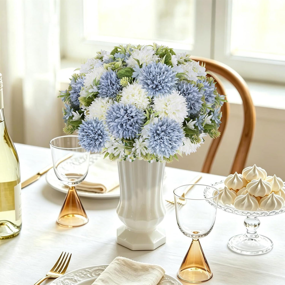 Dusty Blue White Artificial Flowers 12 Bundles Silk Floral with Stem