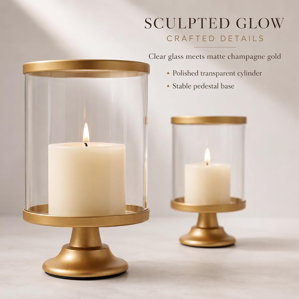 Gold Hurricane Candle Holder Set of 2 with Glass Cylinder for Pillar Candle