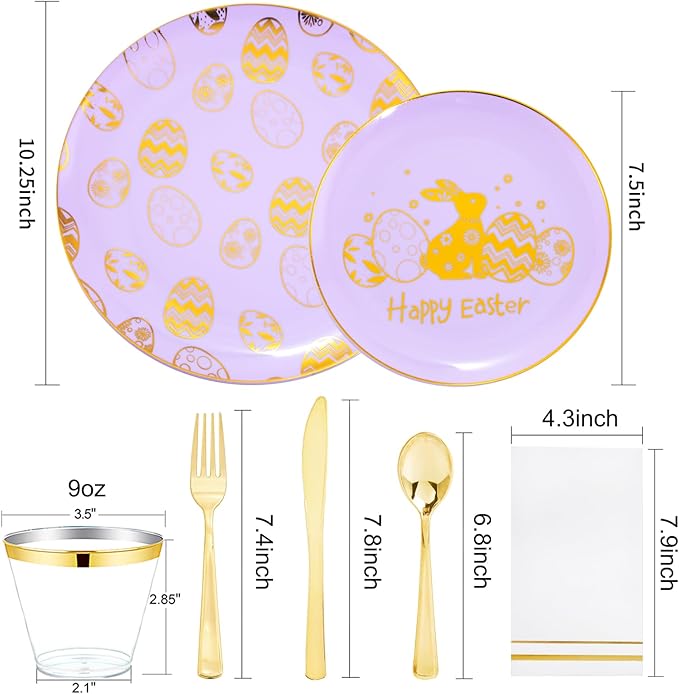 Festiva 175Pcs Easter Plates and Napkins Disposable - Purple and Gold Plastic Dinnerware Set for 50 guests include 50 Plates 25Cups 25Plastic Silverware 25Napkins Perfect for Easter Party