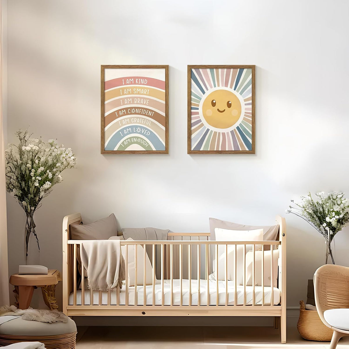 2 Piece Framed Boho Rainbow Kids Room Wall Art 12x16 Inch | Positive Affirmations Playroom Wall Decor, Sun Smiley Face Nursery Painting Canvas Prints for Classroom Toddler Room Decor