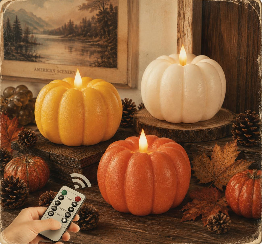 3 Pack Flameless Pumpkin Candles Real Wax Flickering LED Remote Timer