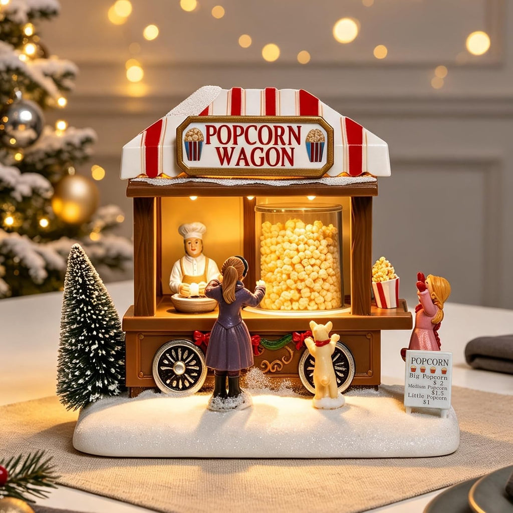 MUMTOP Christmas Village House, Animated Popcorn Wagon with Light and Music