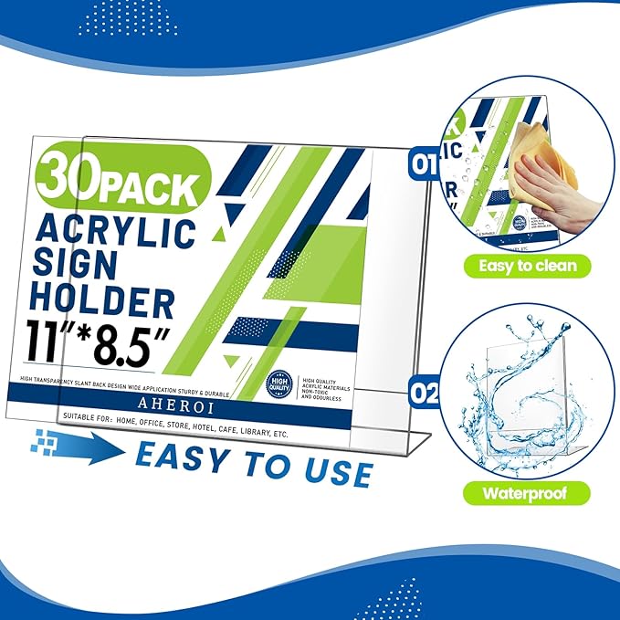 Aheroi 30Pcs Acrylic Sign Holder 8.5 x 11, L-shape Clear Sign Holders, Horizontal L-shape Acrylic Paper Holder, Plastic Table Sign Holders, Plastic Paper Holder Display Standing for Office Home School