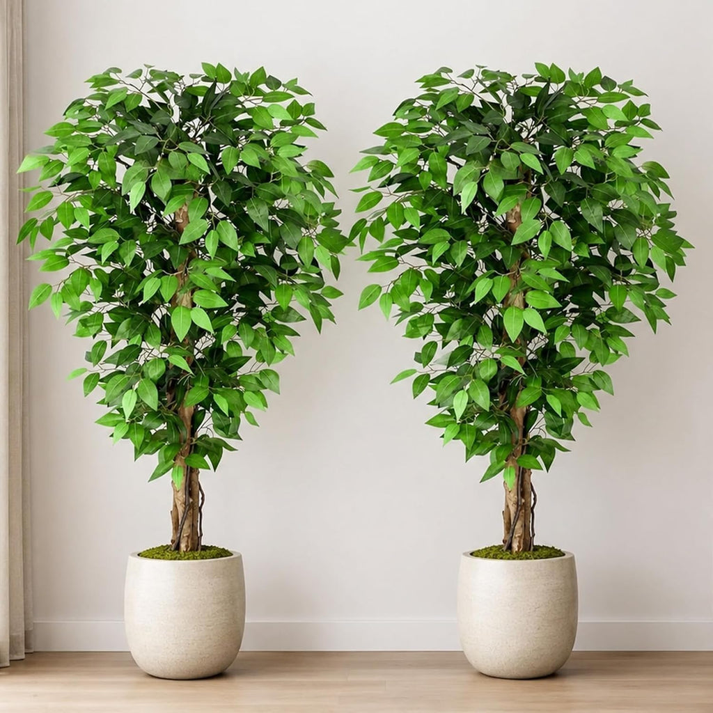 5ft Ficus Artificial Trees with Natural Curved Trunks, 60" Tall Lush Faux Tree for Home Decor Indoor, Green Lifelike Fake Ficus Tree Artificial Plants (Set of 2)
