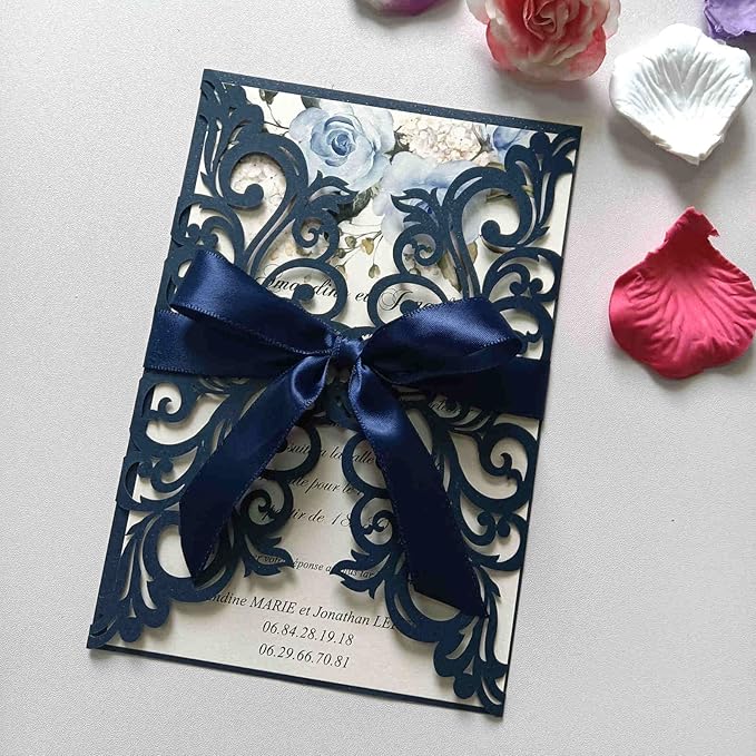 25PCS Pearl Navy Blue Laser Cut Wedding Invitations Cards with Envelopes,Blank Inner Sheets,Ribbons for Wedding Bridal Shower Quinceañera Engagement Birthday Invites