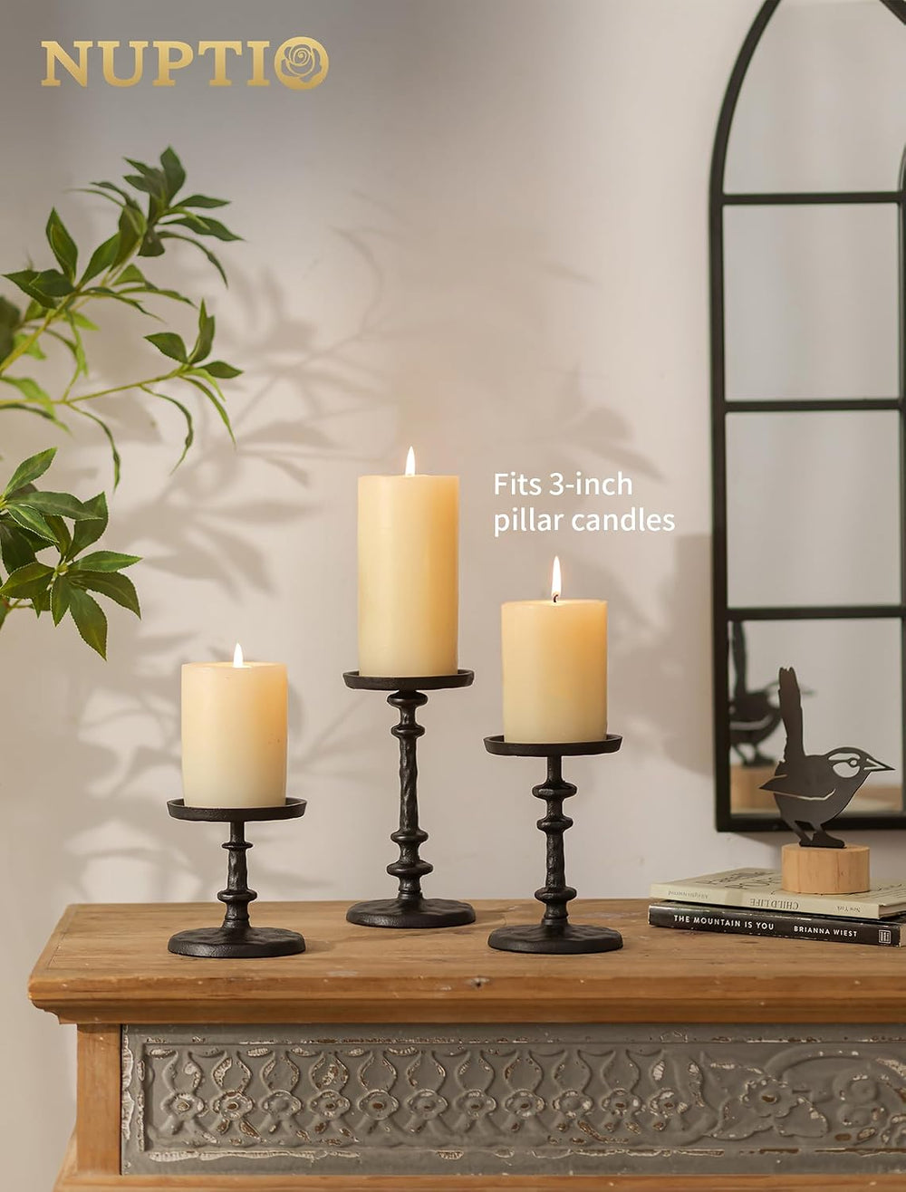 NUPTIO Black Candle Holders for Pillars: Cast Iron Candle Stand Set of 3