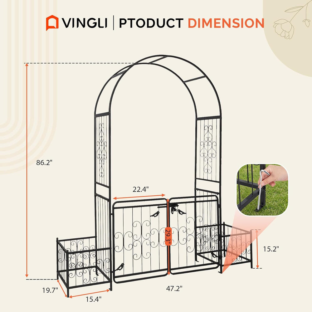 VINGLI Garden Arbor Arch with Gate and Planter Box, Wedding Arch Archway for ...