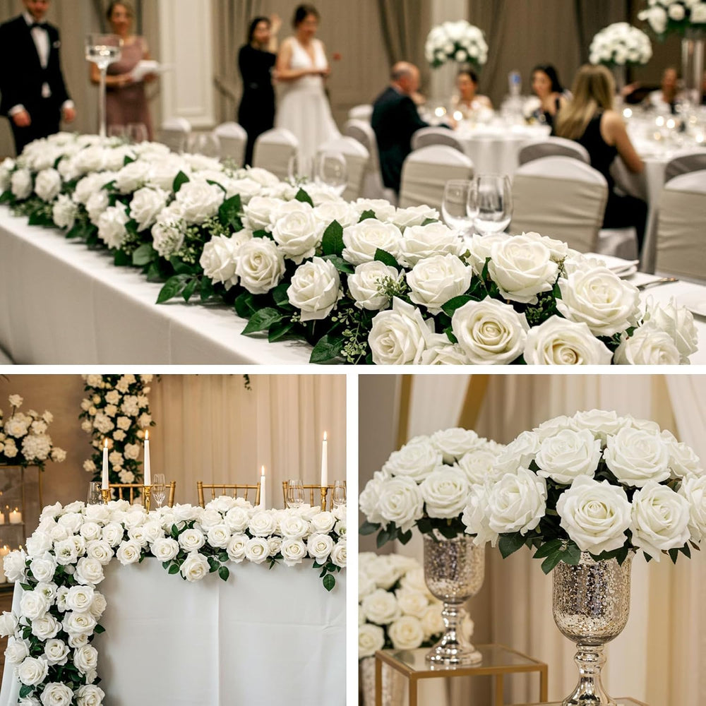 Auihiay 60PCS White Roses Artificial Flowers, Fake Roses, Velvet Silk