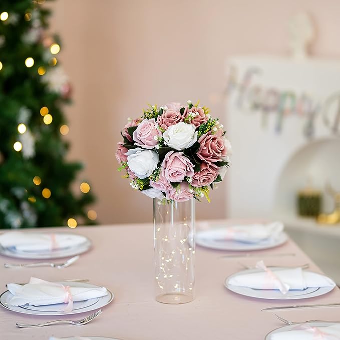 BLOSMON Dusty Rose Flowers Centerpieces: 6 Pcs Pink Roses Artificial Flowers Balls for Wedding Dinning Table - Fake Silk Kissing Floral Arrangement for Home Party Event Decor