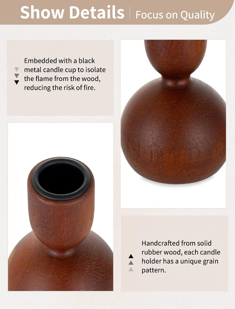 NUPTIO Wooden Taper Candle Holders, Set of 6 Brown Candlesticks