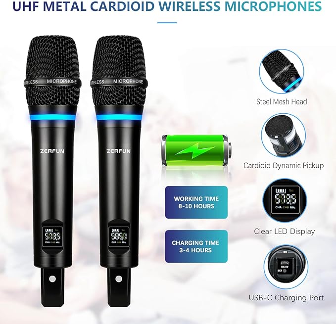 2 Channel Rechargeable Wireless Microphone System, Pro UHF Metal Handheld Wireless Microphones Cordless Mics with Mini Receiver, Channel Control for Karaoke Singing Church