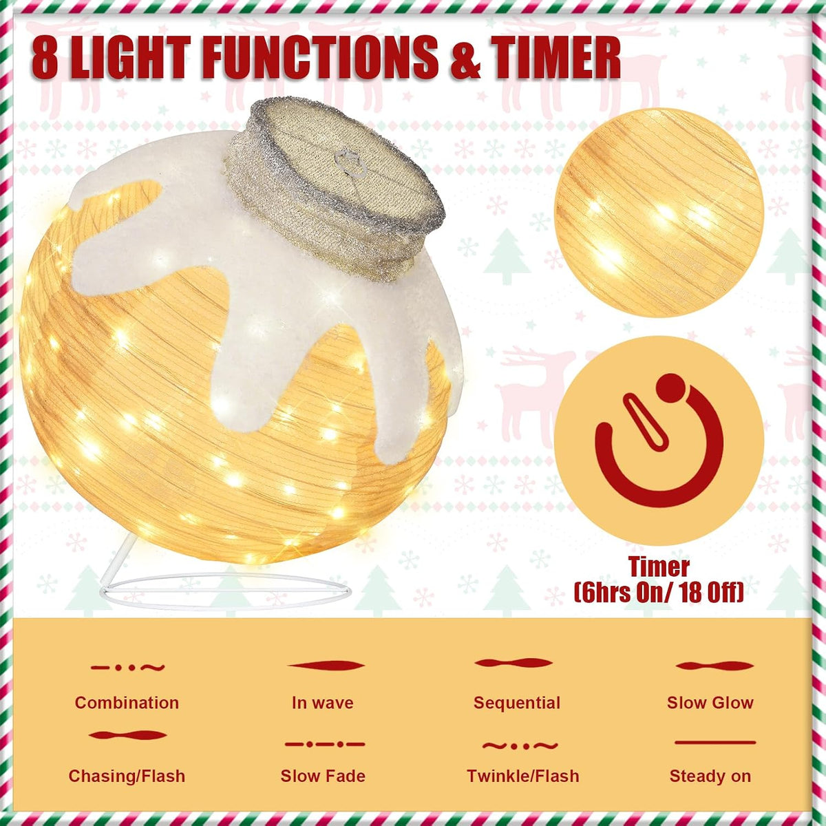 outdoor christmas ornaments, lighted pop-up holiday ball decoration, close-up detail