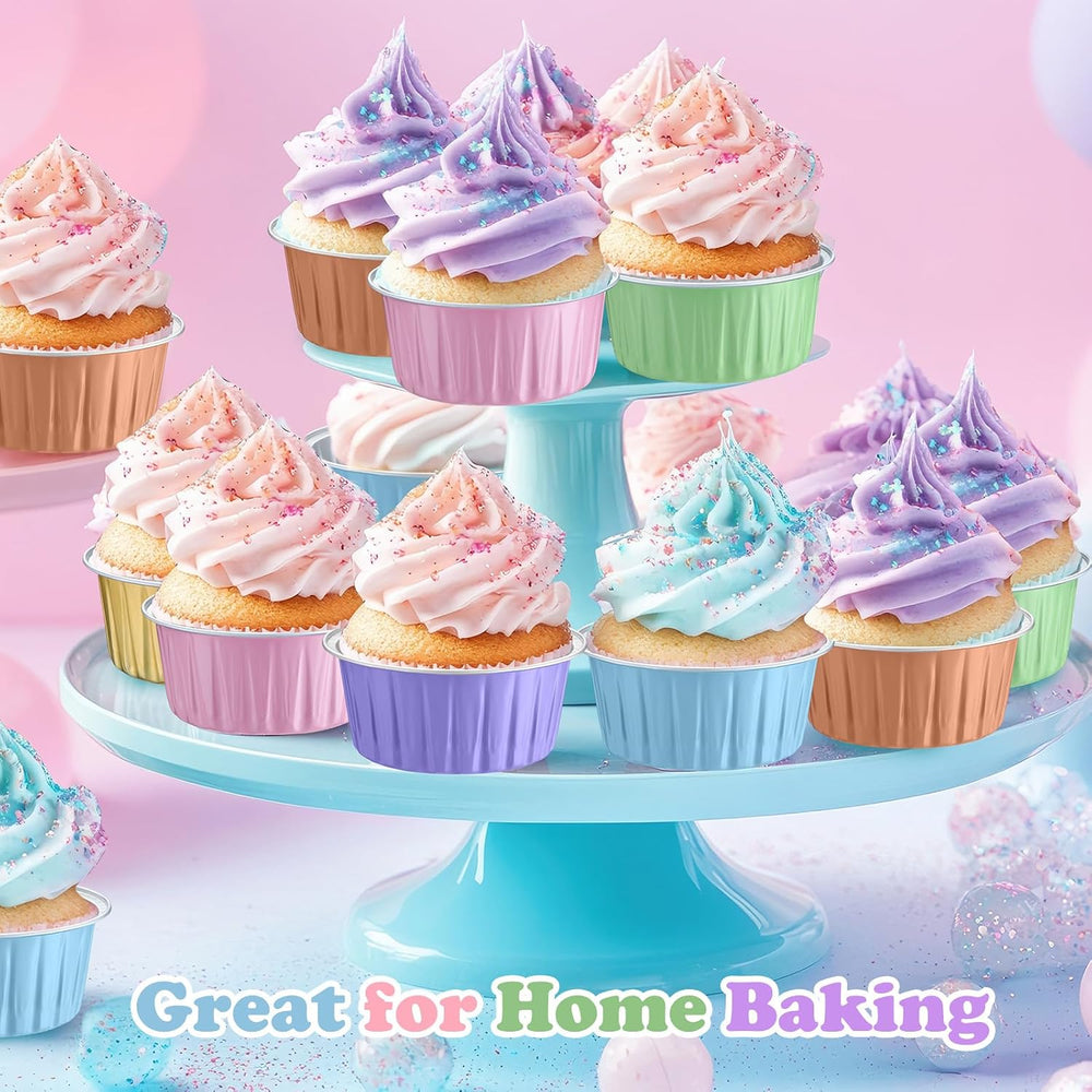200 Pack Aluminum Cupcake Liners with Lids,Macaron,Plain