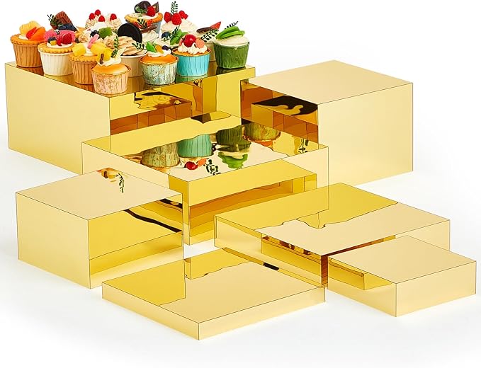 Leinuosen 7 Pcs Large Buffet Risers Set 6" to 12" Acrylic Display Box Catering Dessert Table Riser Food Display Decorative Stand with Hollow Bottom for Catering Supplies(Gold, Square)