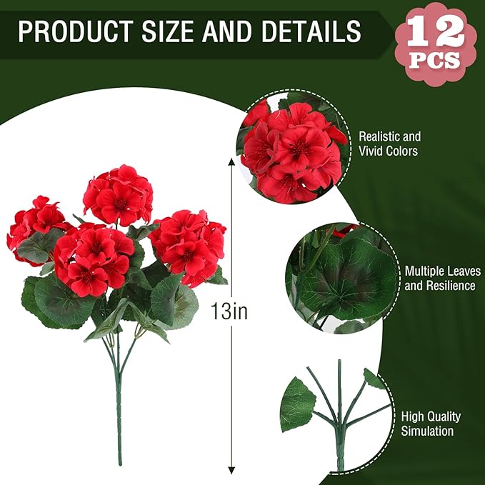 Hananona 12 Pcs Artificial Geranium Flowers for Outdoors Geranium Silk Red Flowers Outdoor UV Resistant Garden Plants Faux Flower for Christmas Home Kitchen Table Centerpieces Decor (12, Red)
