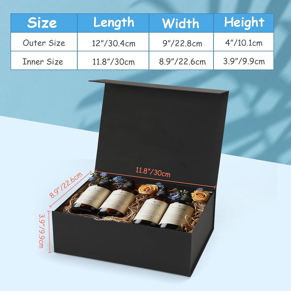 spepla 12x9x4 black gift boxes with lids, magnetic showing dimensions
