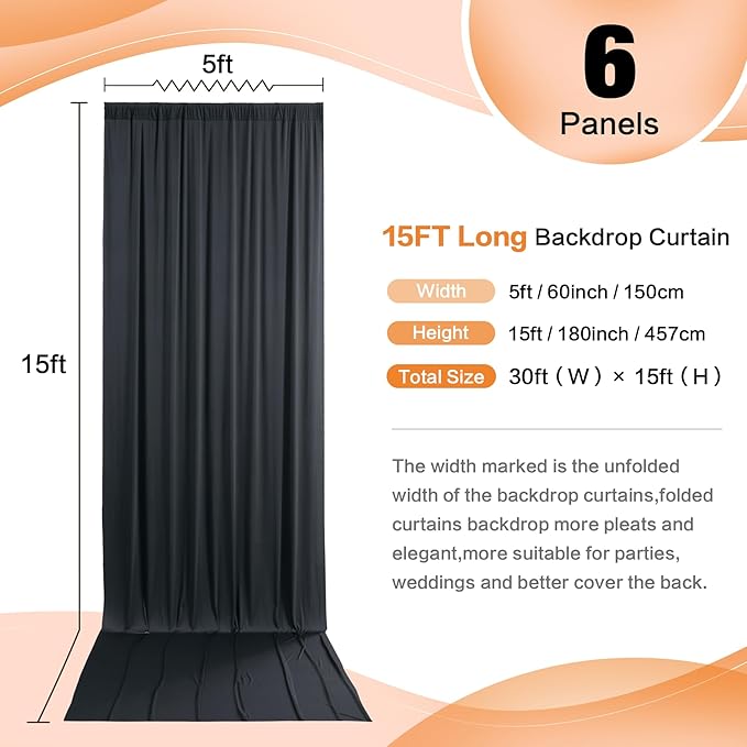 30ft x 15ft Black Wrinkle Free Backdrop Curtain for Parties, Silky Polyester Fabric Wedding Ceiling Drapes, 6 Panels 15ft Photo Back Drop Drapes for Baby Shower Photography Stage Background Cloth
