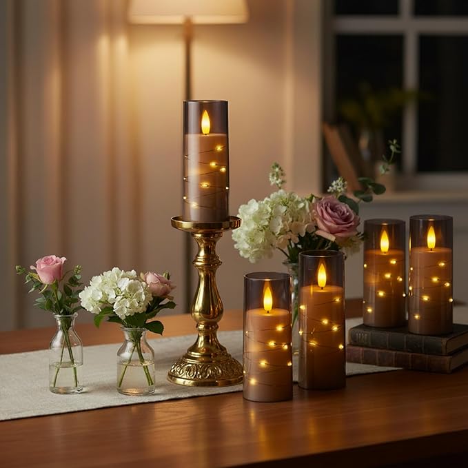 Raycare Flameless Candle with Remote Timer, 7 Flickering Acrylic Battery Operated LED Pillar Candles with Embedded Star String for Halloween, Home Decor, and as a Gift(Grey) (7 Pack)