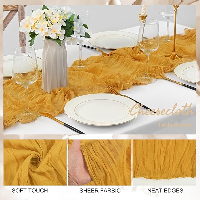 20 Pack Mustard 10FT Cheesecloth Table Runner Rustic Gauze Fabric Cheese Cloth Table Runner for Wedding Bridal Baby Shower Table Decor Boho Sheer Birthday Party Table Decorations 20 x 120 Inch Long