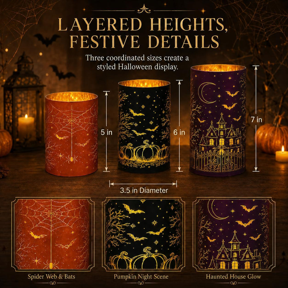 Wind Shear Halloween Glass Lanterns Set of 3, Lighted Decor