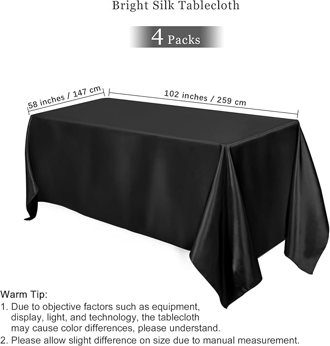 TURSTIN 4 Packs Black Satin Tablecloth 102 x 58 Inch Overlay Satin Table Cover Rectangle Bright Silk Tablecloth Smooth Fabric Table Decoration for Wedding Banquet Party Events