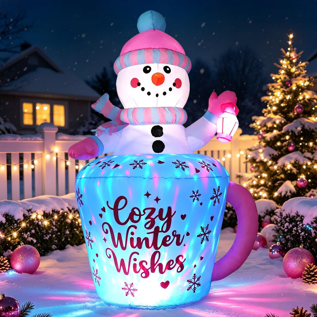 domkom 6ft christmas inflatables snowman in mug, adorable, close-up detail