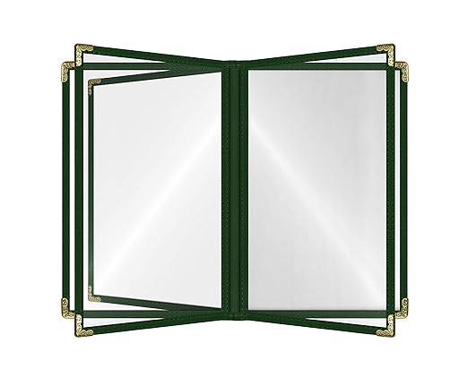 Goodsmart Restaurant Menu Covers – 25 Pack Green 10-View 8.5" x 11" Cafe Menu Holders, Side-Loading Vinyl Covers with Clear Sleeves, Plastic & Leather-Style Menu Covers with Gold Corners