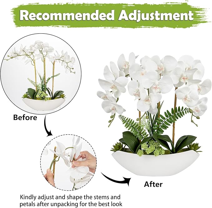 Briful Orchid Artificial Flowers 18in White Fake Orchid Silk Flowers with Ceramic Pot Faux Orchid Arrangement for Home Office Room Coffee Table Centerpiece Modern Decoration