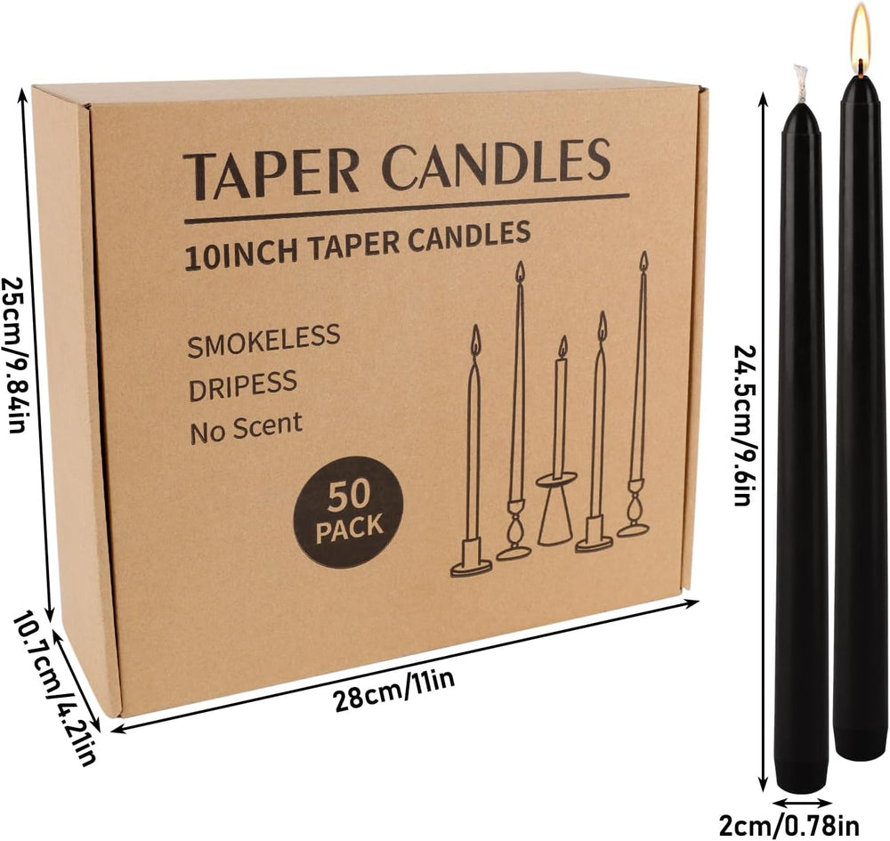 50 Pack Black Taper Candles - 10 Inch Classic Unscented Dinner Candles, Dripl...