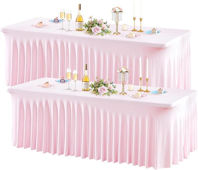 2 Pack Pink Spandex Table Clothes for 8 Foot Rectangle Tables, 8FT Wrinkle Free Fitted Tablecloths Ruffles Design Table Cover for Party, Banquet, Wedding and Events