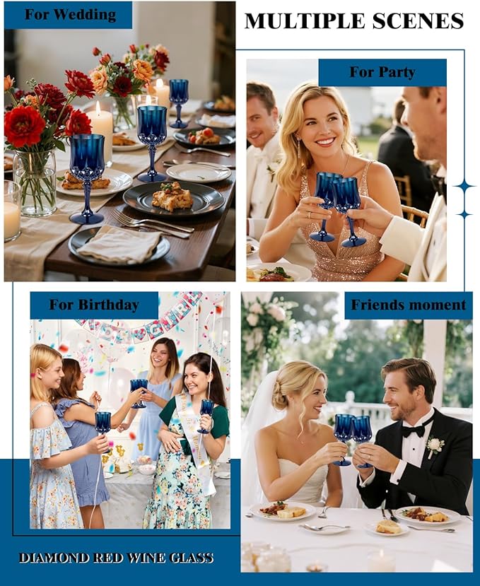 Ciaell 24PCS Blue Plastic Wine Glasses - 7 Oz Plastic Goblets for Party - Blue Vintage Drinking Glasses - Disposable Water Goblets Set for Wedding, Bar, Wine, Beer, Juice, Cocktail & Halloween