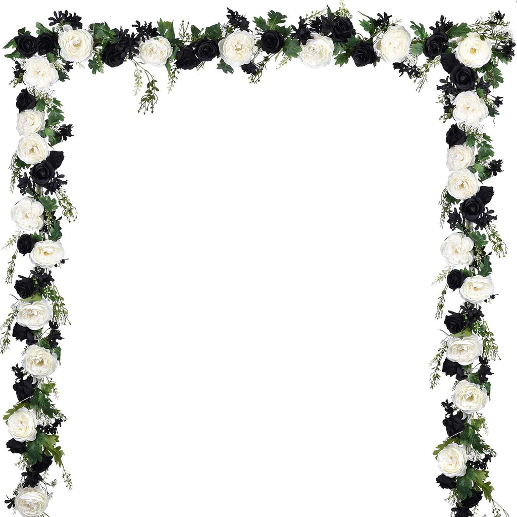 Lvydec 2 Pack Artificial Peony Flower Garland - 6ft Silk Peony Flower Garland for Wedding Party Table Decoration (Black&White)