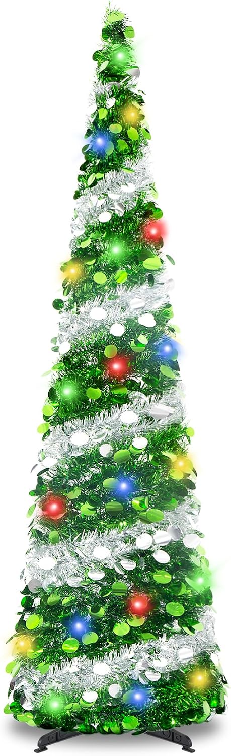 5Ft Pop Up Christmas Tree with Lights, Collapsible Pencil Tree Green Silver, Skinny Christmas Tree Slim Xmas Tree, Artificial Tinsel Tree Foldable for Home Apartment Holiday Party Winter Decor