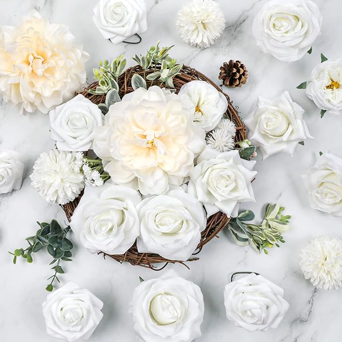 AmyHomie White Artificial Flowers Combo Silk Mix Peony Rose Hydrangea Daisy Fake Flowers w/Stem for DIY Wedding Bouquets Centerpieces Arrangements Table Decor Party Bridal Baby Shower Home Decor