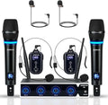 4 Channel Rechargeable Wireless Microphone System, Pro UHF Metal Handheld Headset Lavalier Lapel Cordless Mics for Karaoke Singing Church with VOL Control, 4x50 Adjustable Frequency(G8)