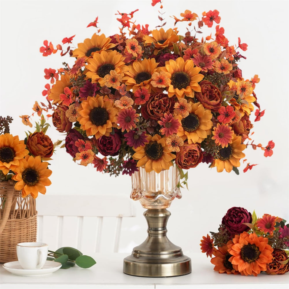 Mixed 10 Pcs Fall Artificial Sunflower Peony Bouquet, Yellow Burgundy Silk Fa...