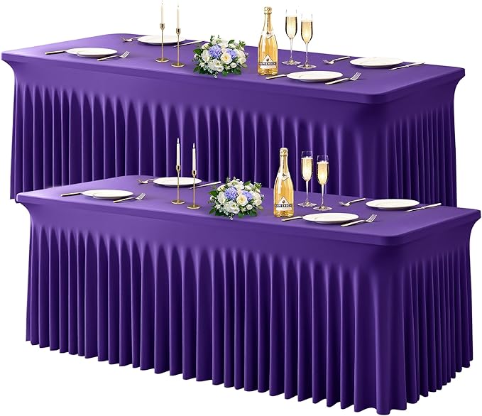 Wish Care 2 Pack Dark Purple Spandex Table Clothes for 8 Foot Rectangle Tables, 8FT Wrinkle Free Fitted Tablecloths Ruffles Design Table Cover for Party, Banquet, Wedding and Events