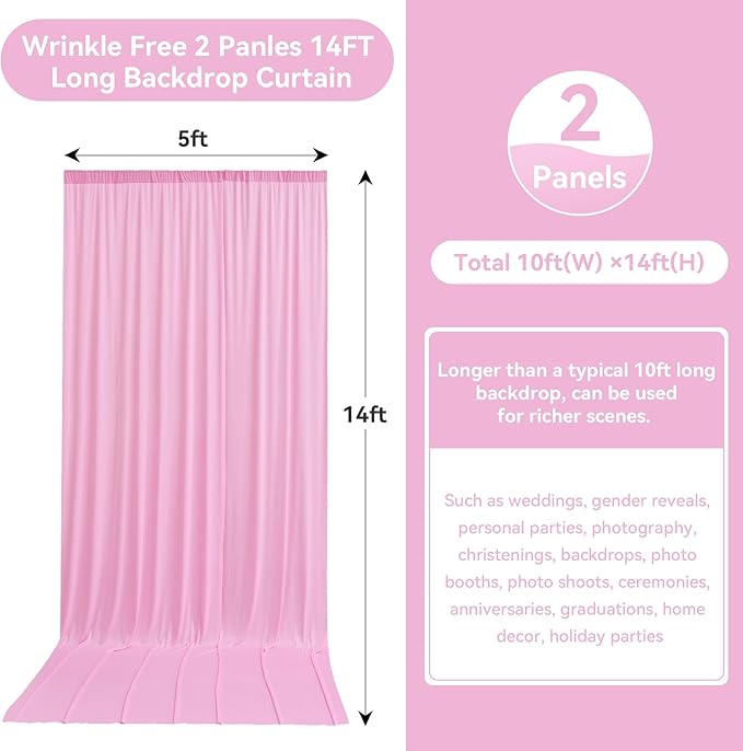 10ftx14FT Wrinkle Free Pink Backdrop Curtain, 2 Panels 14FT Height Pink Wedding Backdrop Drapes, Silky Polyester Back Drop Cloth for Birthday Photography Background Party Backdrop Draping