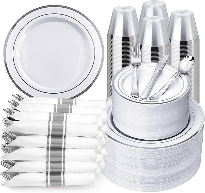 BESTVIP 700PCS Silver Plastic Dinnerware Set for 100 Guests, Disposable Plates for Party, Include: 200 Plastic Plates, 100 Pre Rolled Napkins with Silver Silverware, 100 Cups for Christmas, Halloween