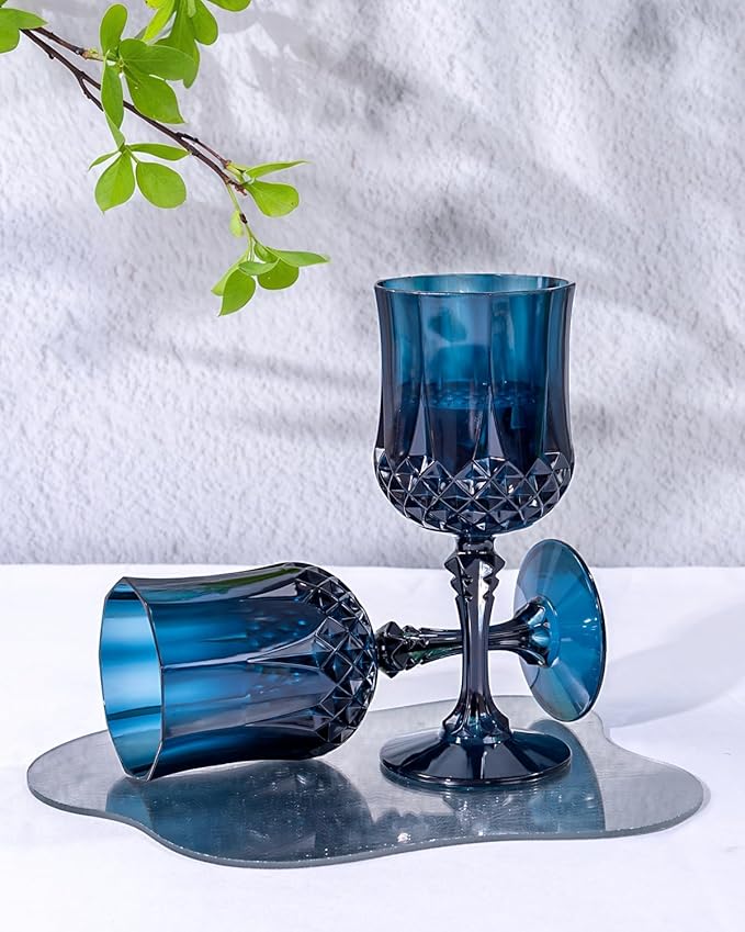 Ciaell 24PCS Blue Plastic Wine Glasses - 7 Oz Plastic Goblets for Party - Blue Vintage Drinking Glasses - Disposable Water Goblets Set for Wedding, Bar, Wine, Beer, Juice, Cocktail & Halloween