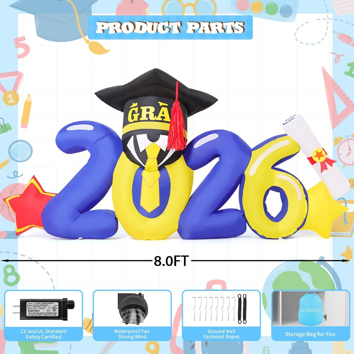 goosh 8 ft long 2026 inflatables graduation decorations showing dimensions