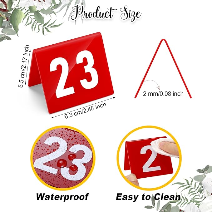 Tuanse Table Numbers 1-50 Acrylic Double Side Numbered Table Tents Restaurant Wedding Number Cards Signs for Banquets Party Wedding Reception(Red)