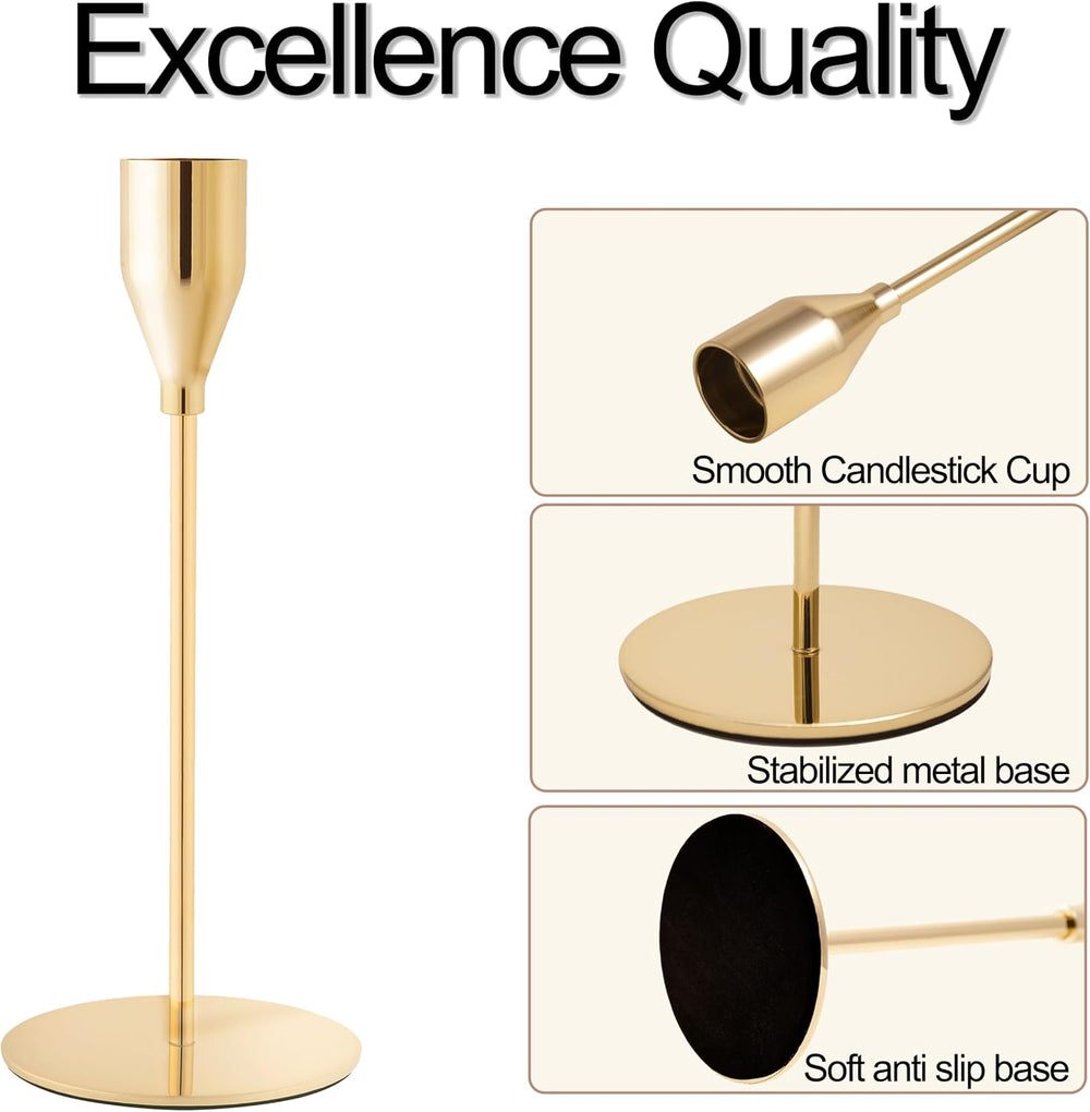 Gold Candlestick Holders, Metal Taper Candle Holders, Bulk Set of 15
