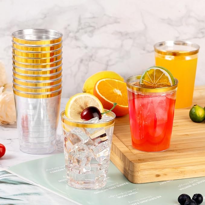 Goodluck 100PCS 10oz Gold Plastic Cups for Party, Disposable Gold Rim Cups, Plastic Cocktail Glasses for Wedding Thanksgiving, Christmas, and Parties