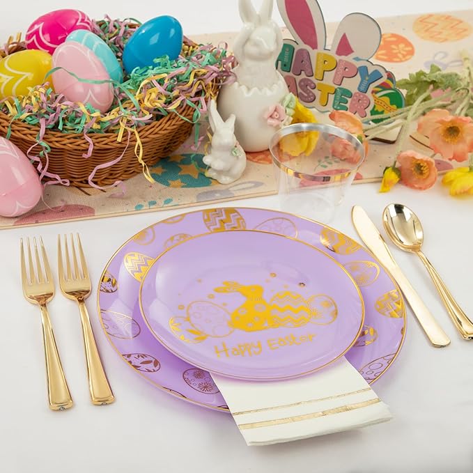 Festiva 175Pcs Easter Plates and Napkins Disposable - Purple and Gold Plastic Dinnerware Set for 50 guests include 50 Plates 25Cups 25Plastic Silverware 25Napkins Perfect for Easter Party