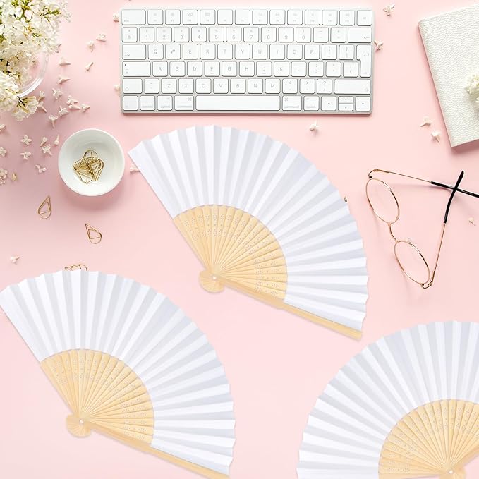 48 Pieces White Hand Held Bamboo Folding Fans Paper Fans Handheld for Women Foldable Girls Wedding Decoration Church Home Party Favors Summer