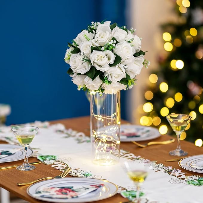 BLOSMON White Fake Flowers Centerpieces: 6 Pcs Artificial Roses Flower Ball for Wedding Dinning Table - Faux Silk Kissing Bouquet Floral Arrangement for Home Party Event Decor