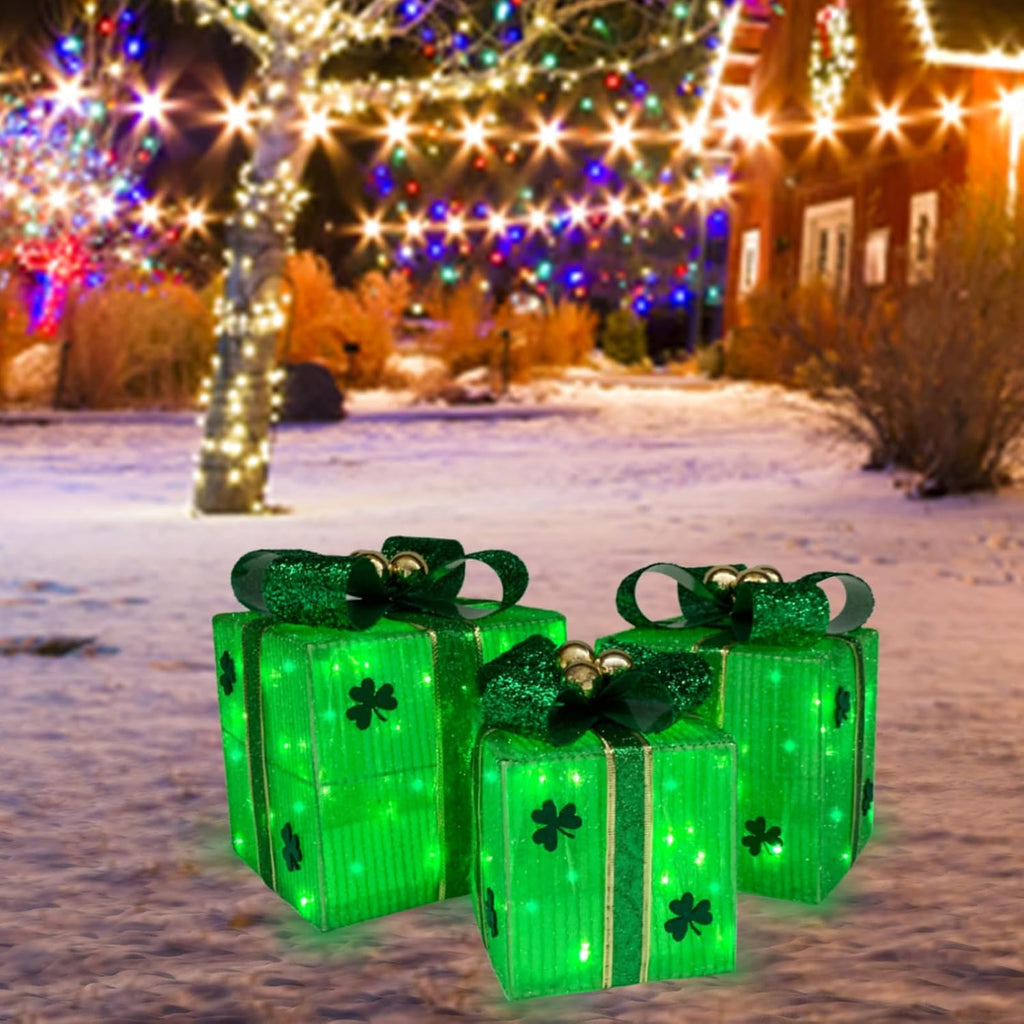 Christmas Lighted Gift Boxes Set of 3, Christmas Outdoor Lawn Decorations Light Up Boxes, Green Xmas Décor Battery Operated Present Boxes Prelit 80 Lights with 8 Modes & Timer for Home Yard Party