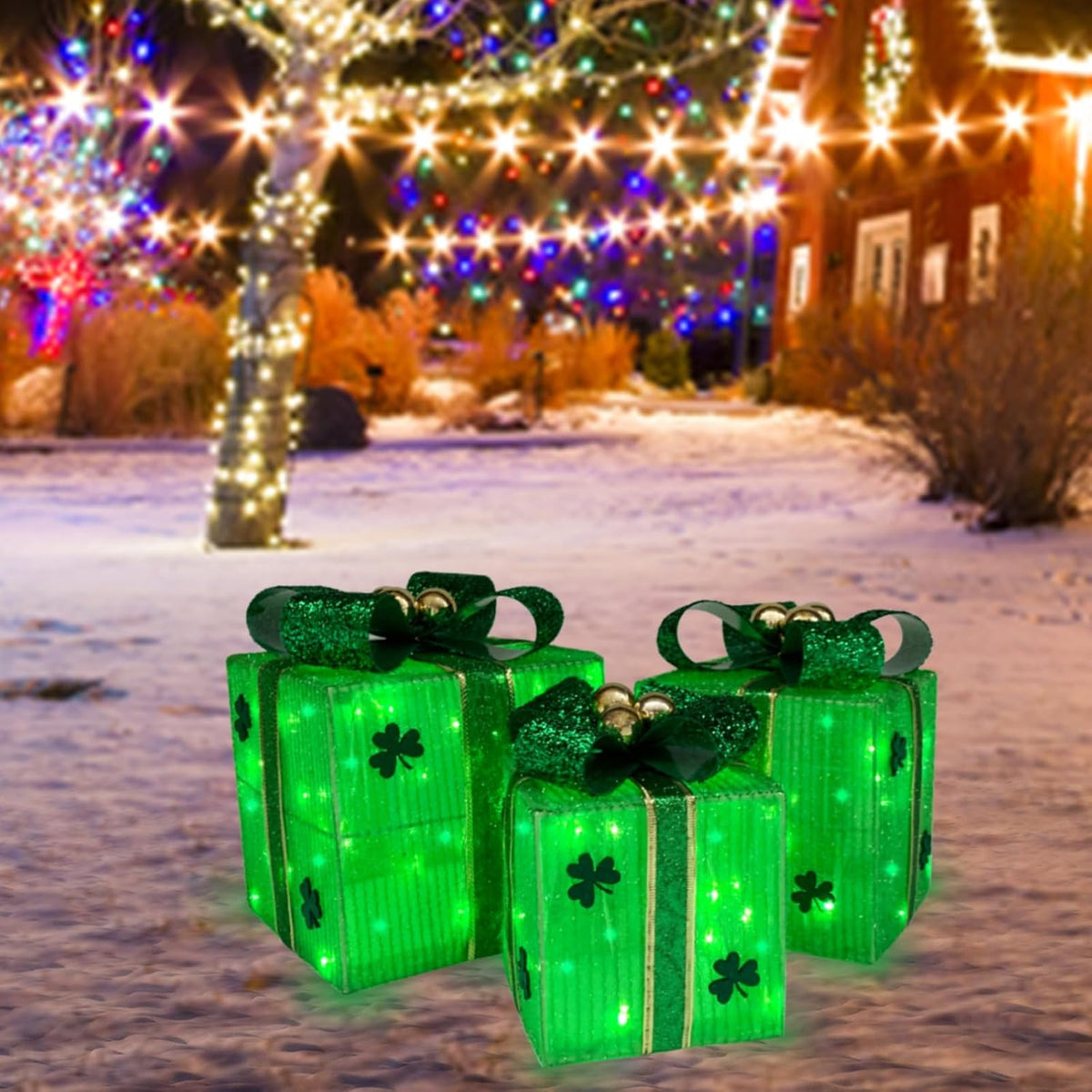Christmas Lighted Gift Boxes Set of 3, Christmas Outdoor Lawn Decorations Light Up Boxes, Green Xmas Décor Battery Operated Present Boxes Prelit 80 Lights with 8 Modes & Timer for Home Yard Party