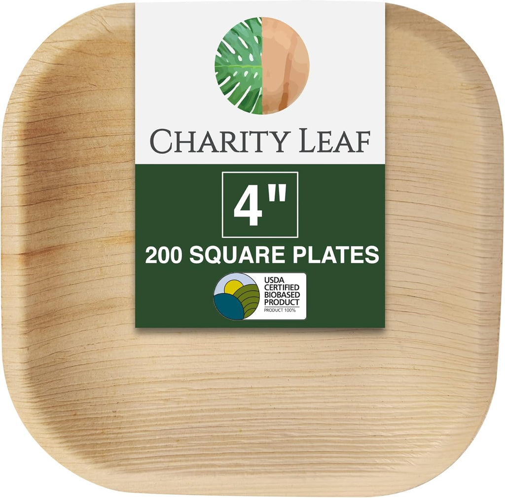 Charity Leaf Disposable Bamboo 4" Mini Appetizer Square Plates (200 pieces) Bamboo Serving Platters, Disposable Boards, Eco-Friendly Dinnerware For Weddings, Catering, Events